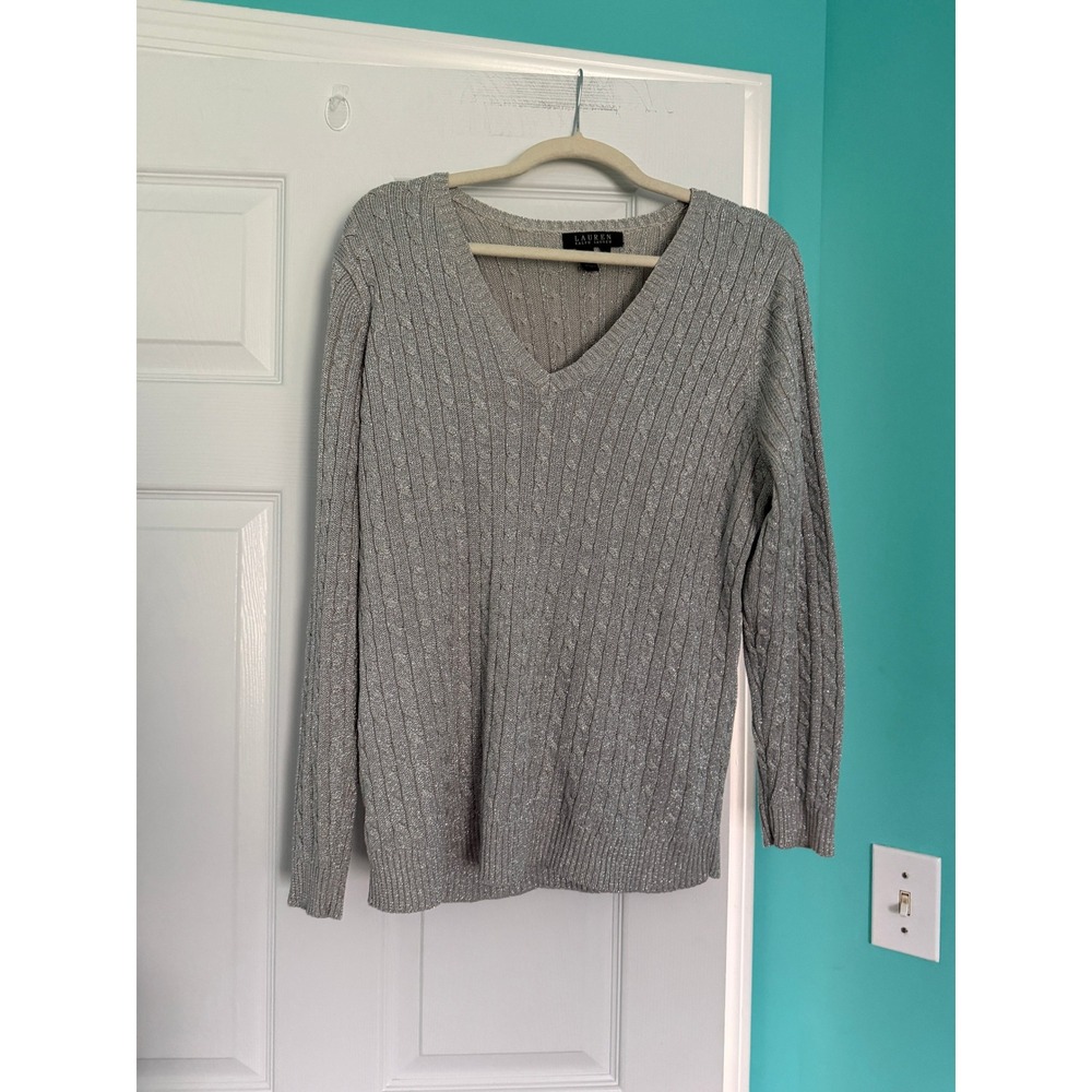Lauren Ralph Lauren Silver Metallic Silk Blend Cable Knit V-Neck Sweater 2X